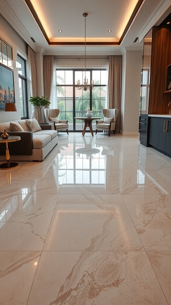 A luxurious bedroom with glossy marble effect epoxy flooring, showcasing a modern and elegant design.