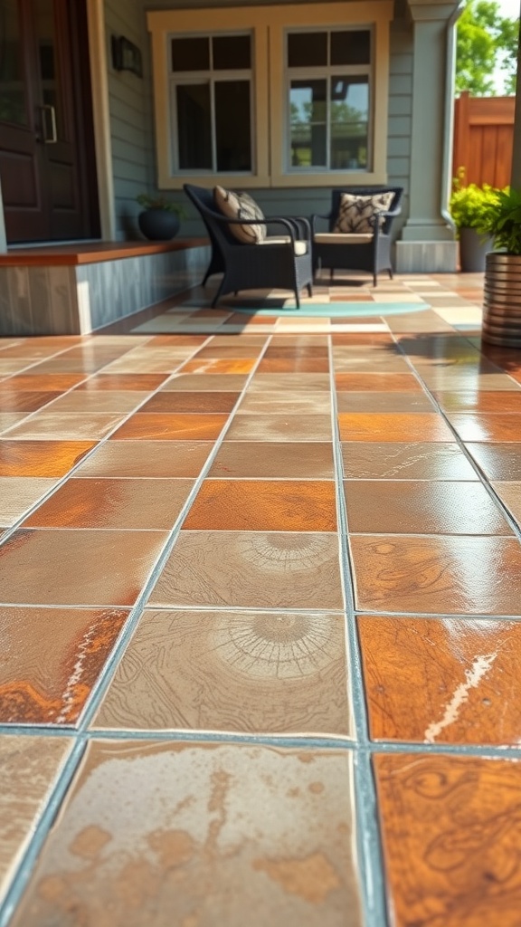 A close-up view of a patio floor featuring glossy metallic epoxy coatings with warm colors.