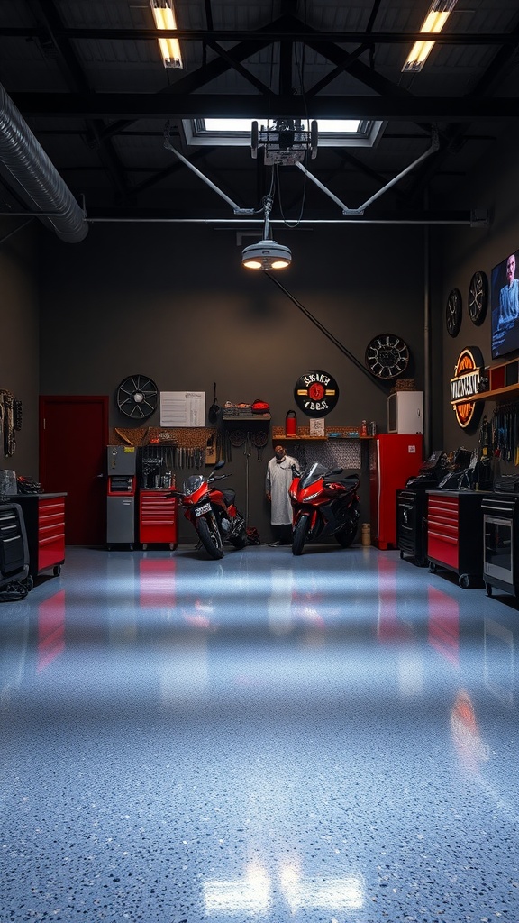 A modern garage workshop featuring a high-gloss epoxy floor, showcasing tools and motorcycles.