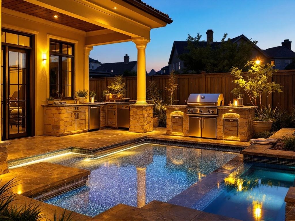 An outdoor barbecue station with glow-in-the-dark epoxy flooring, featuring a grill and seating area, illuminated at night.