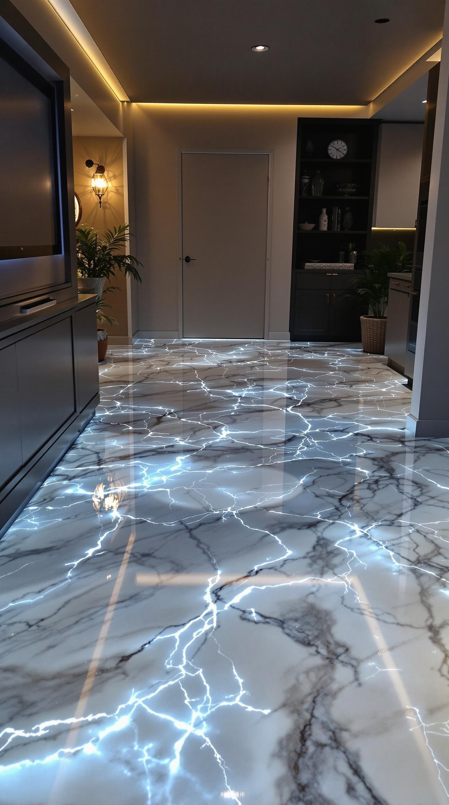 A glow-in-the-dark epoxy floor with a marble design, featuring bright blue lightning effects.