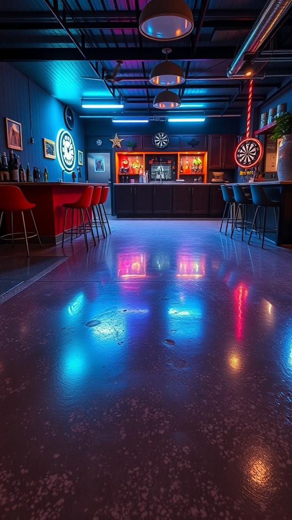 A vibrant garage bar with glow-in-the-dark epoxy flooring, colorful lighting, and a stylish bar setup.