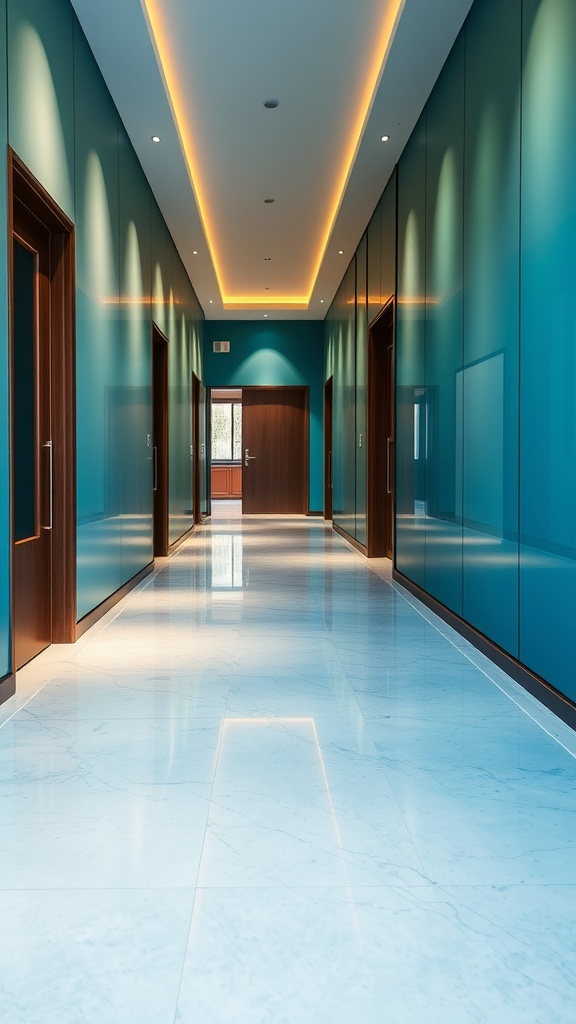 A hallway featuring gradient color epoxy flooring, showcasing a smooth transition from blue to white.