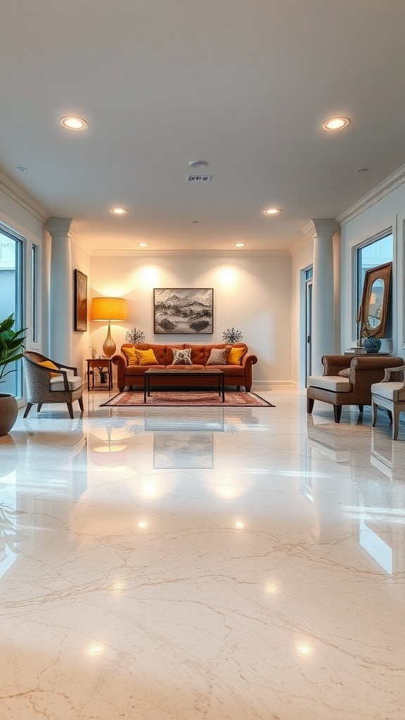 A stylish living room with gradient epoxy flooring, showcasing a modern design.