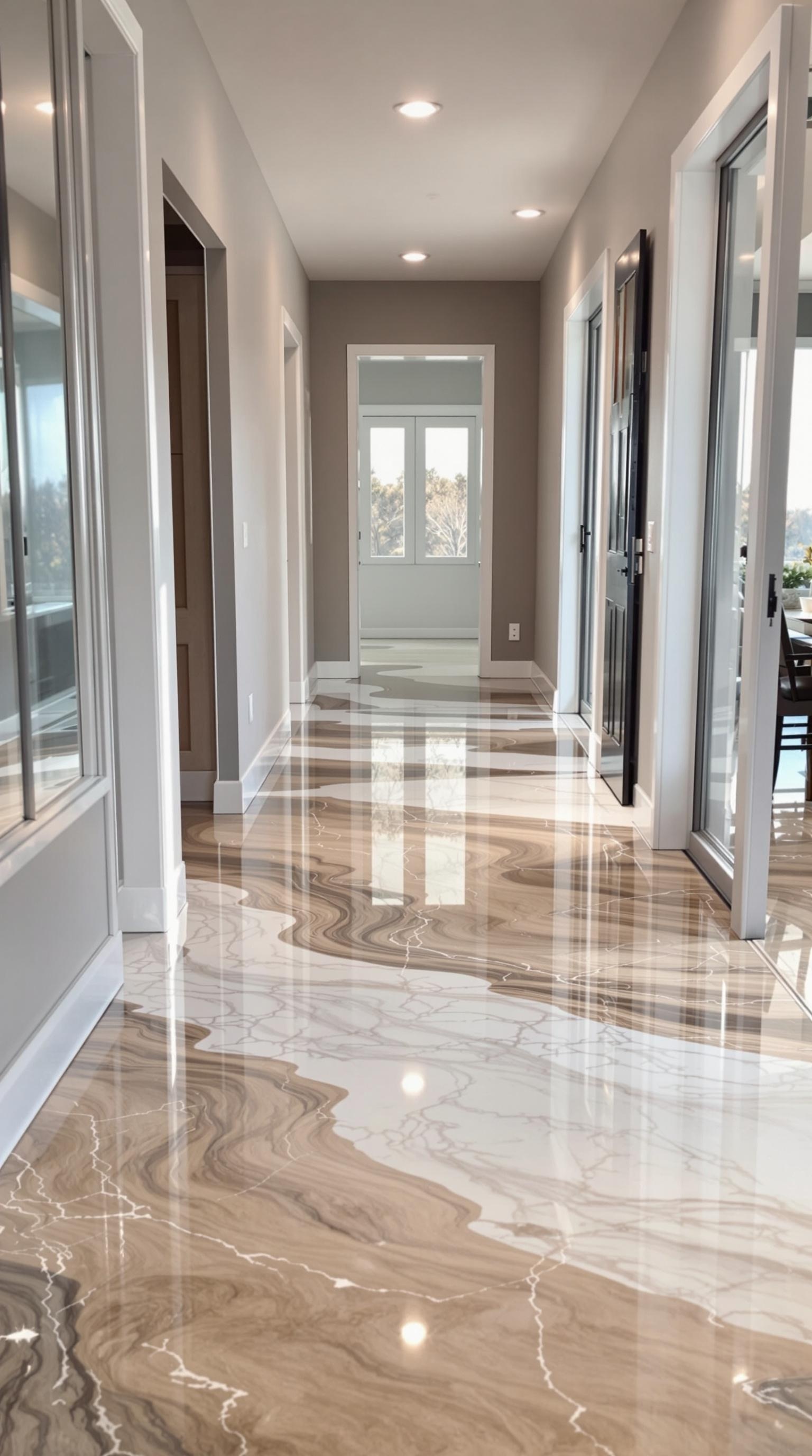 A hallway featuring a beautiful gradient epoxy floor with marble-like patterns.