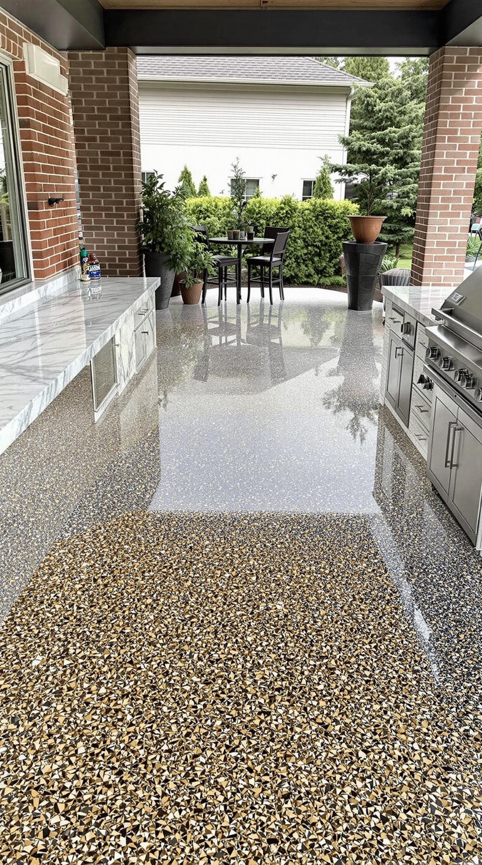 Stylish epoxy floor in an outdoor kitchen area with a grill and seating.