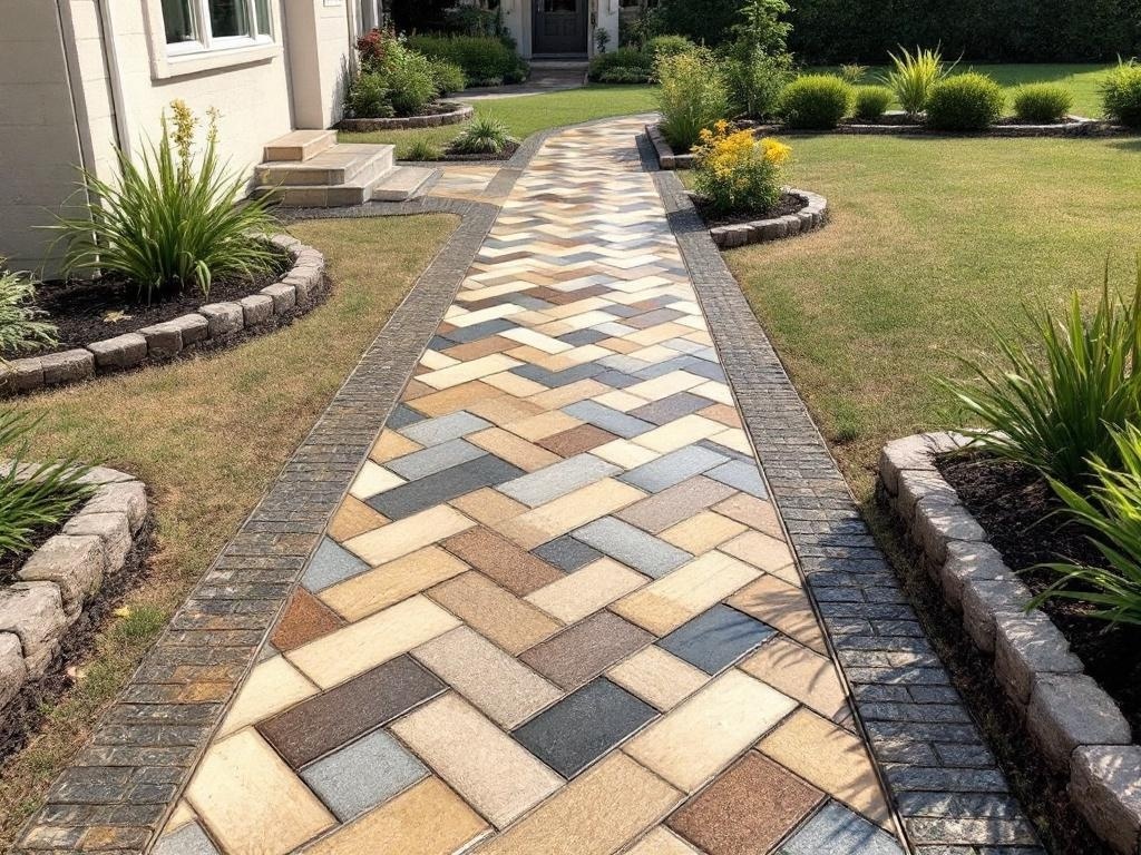 A herringbone stamped concrete pathway with a mix of colors, bordered by greenery.
