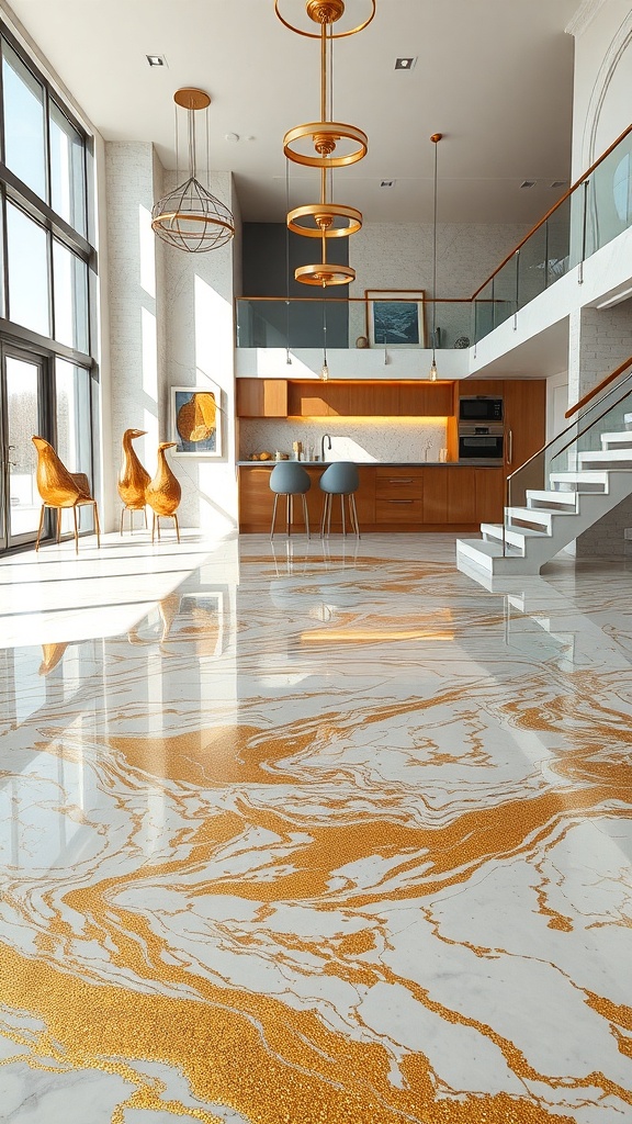 A modern kitchen and living area featuring a gold flake epoxy floor with elegant furnishings.