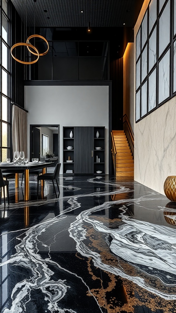 A modern interior featuring high-gloss black epoxy floor with white and gold marble patterns.