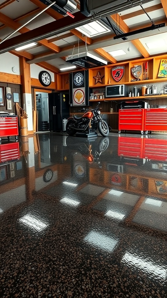 High-gloss epoxy floor in a garage workshop with motorcycle and tool storage