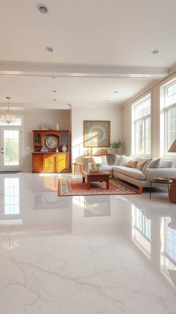 A bright living room with a high-gloss epoxy floor, showcasing a modern design and natural light.