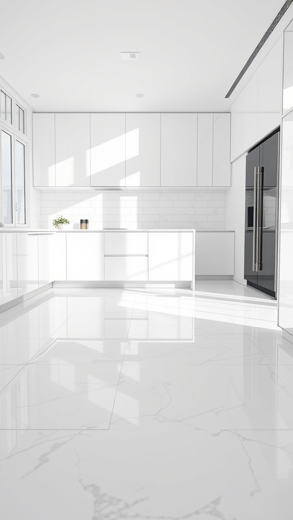 A modern kitchen with high-gloss white epoxy flooring, bright and spacious with natural light.