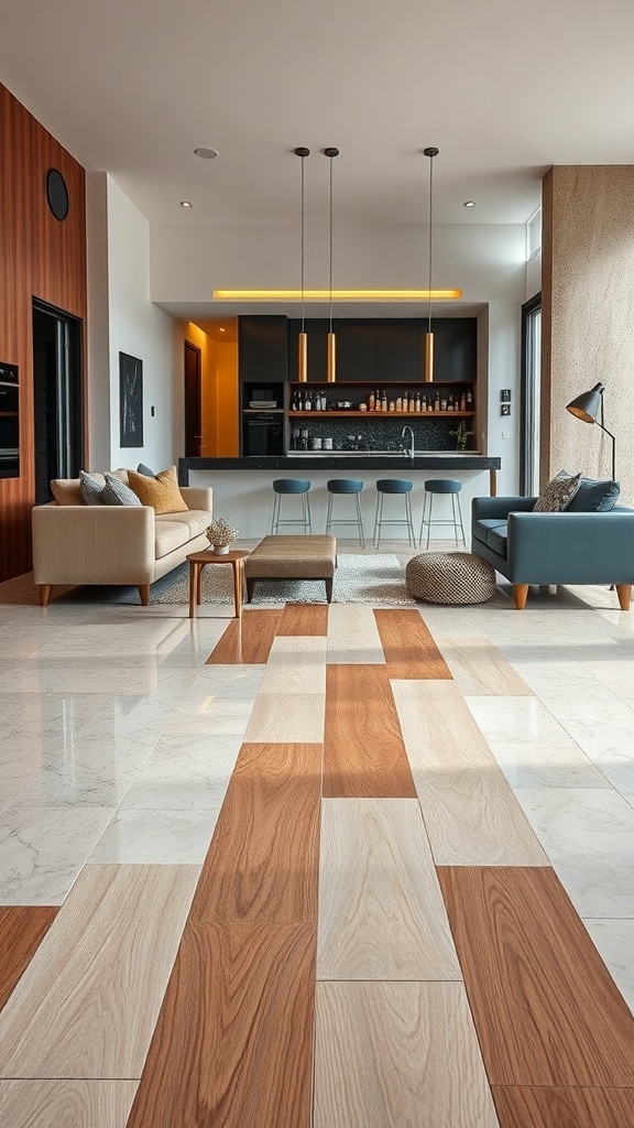 A modern living room featuring a stylish epoxy floor with wood and marble patterns.