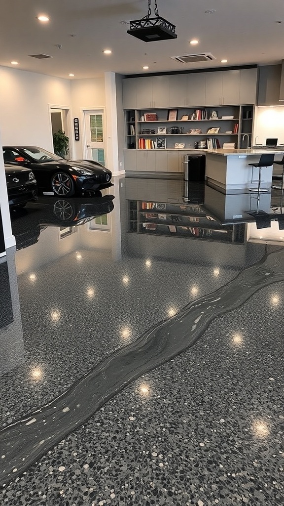 A modern garage with a high-gloss epoxy floor, showcasing a sleek design and bright lighting.