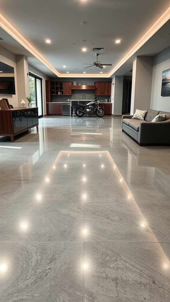 A modern living space featuring a shiny gray epoxy floor, showcasing a motorcycle and stylish furniture.