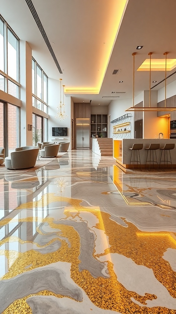 Luxurious living space with illuminated marble and gold flake epoxy floor