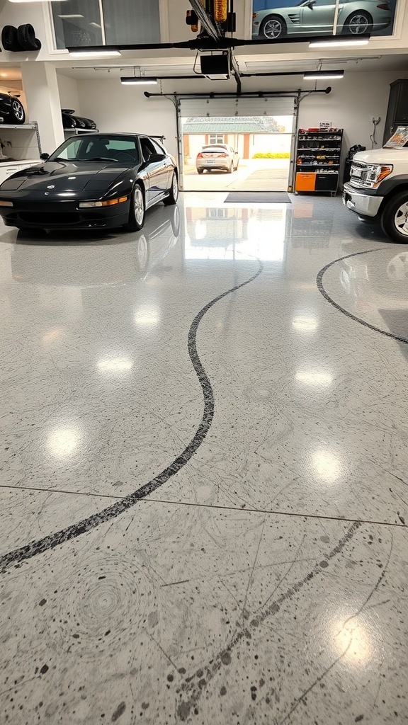 A sleek, shiny epoxy floor in a garage with two cars parked, showcasing a modern and safe environment.