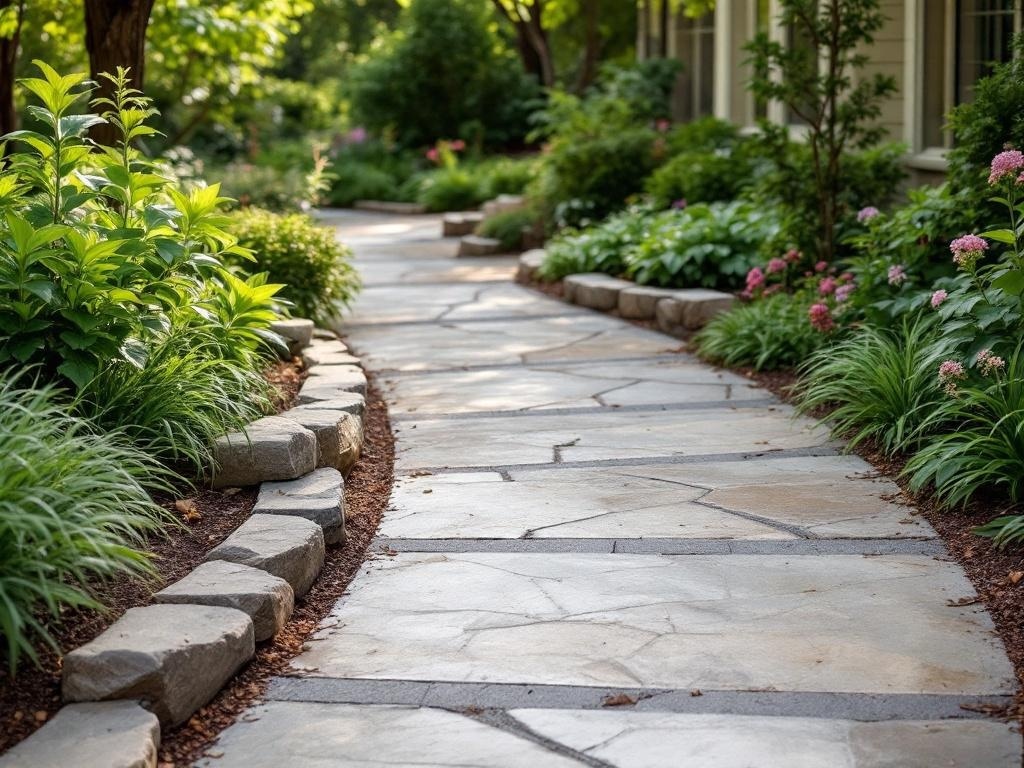 Curved stamped concrete pathway surrounded by greenery and flowers