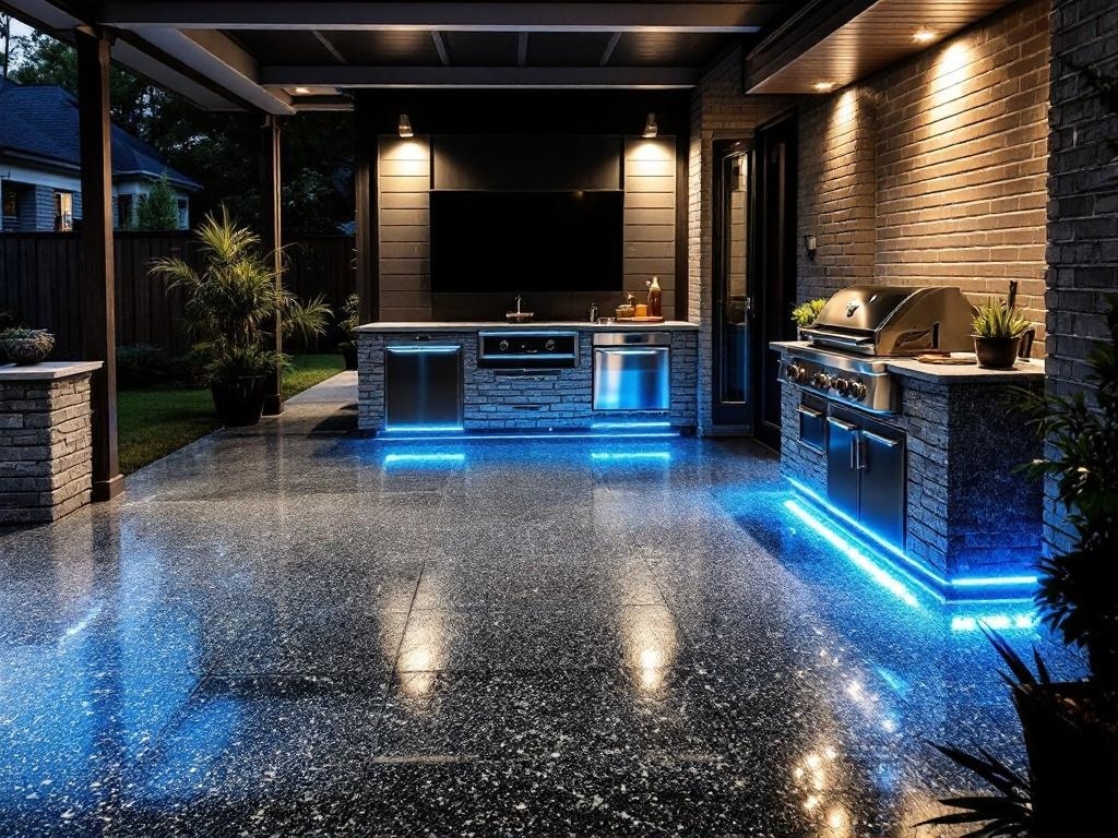 An outdoor barbecue station featuring glossy epoxy flooring and blue LED lighting.