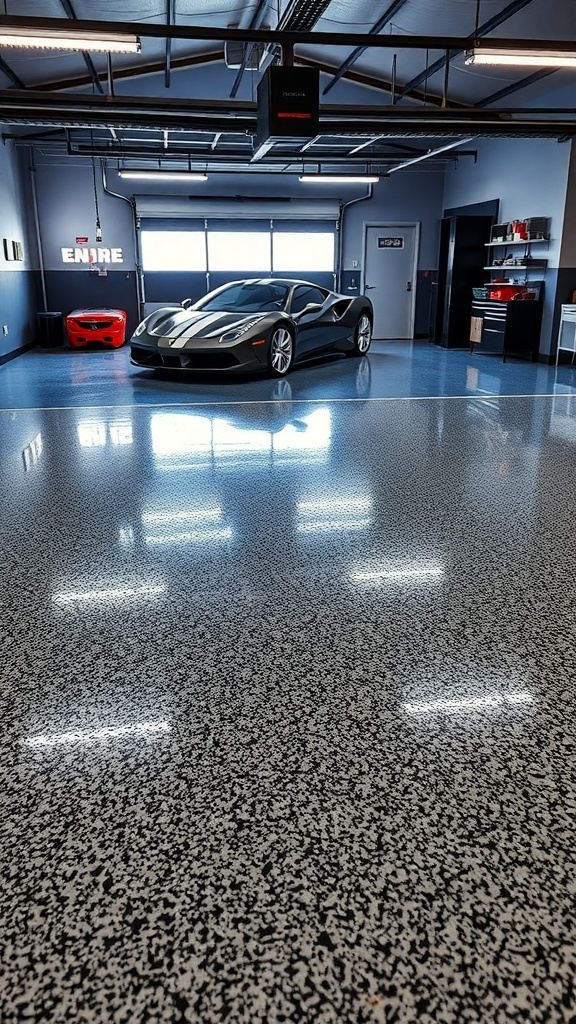 A modern garage featuring a sleek black car, glossy epoxy flooring, and bright LED lighting.