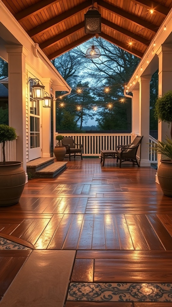 A beautifully lit epoxy patio with wooden beams and cozy seating, showcasing the elegance of outdoor lighting.