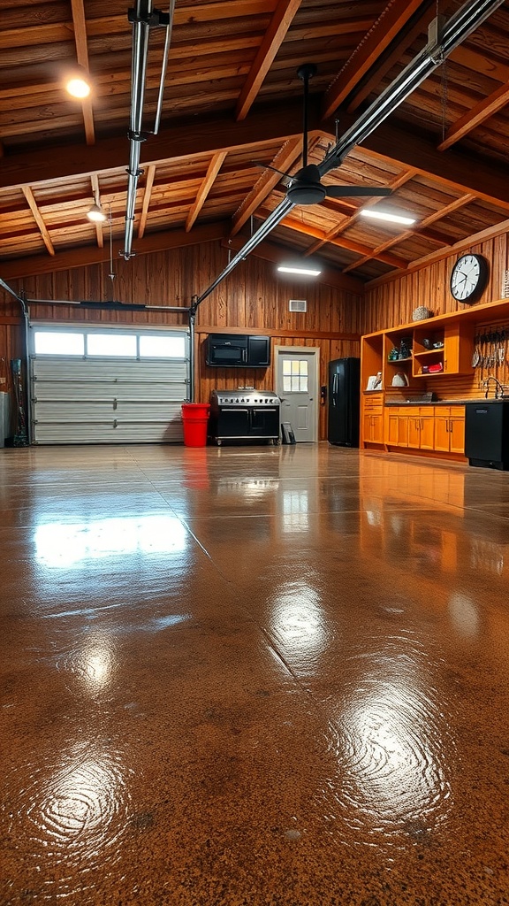A rustic garage with a polished epoxy floor and wooden walls, featuring overhead lighting and a spacious layout.
