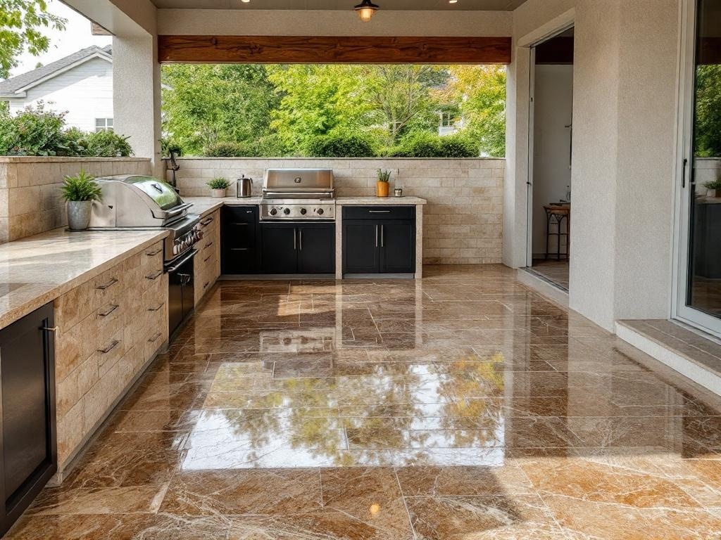 An outdoor kitchen with a glossy epoxy floor and natural stone elements, featuring a grill and stone countertops.