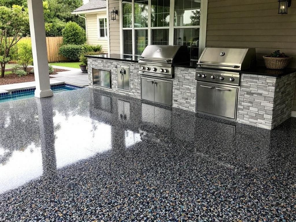 Outdoor barbecue station with glossy pebble-textured epoxy floor and stainless steel grills