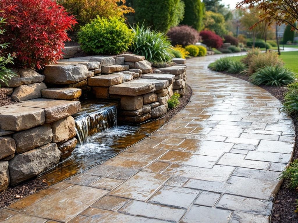 A beautiful stamped concrete pathway alongside a stone waterfall and lush greenery.