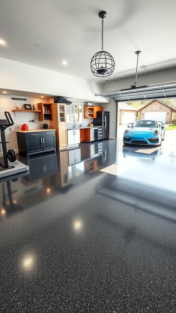 A modern garage with a sleek epoxy floor, showcasing a luxury car and organized storage.