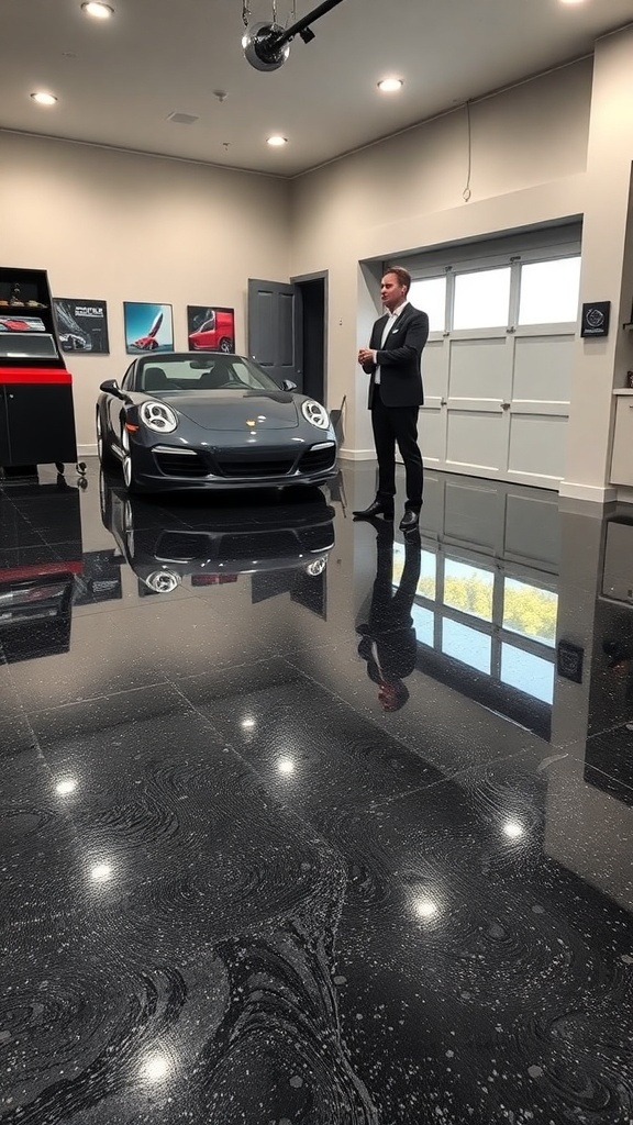 A luxurious garage with a sleek epoxy floor and a high-end car.