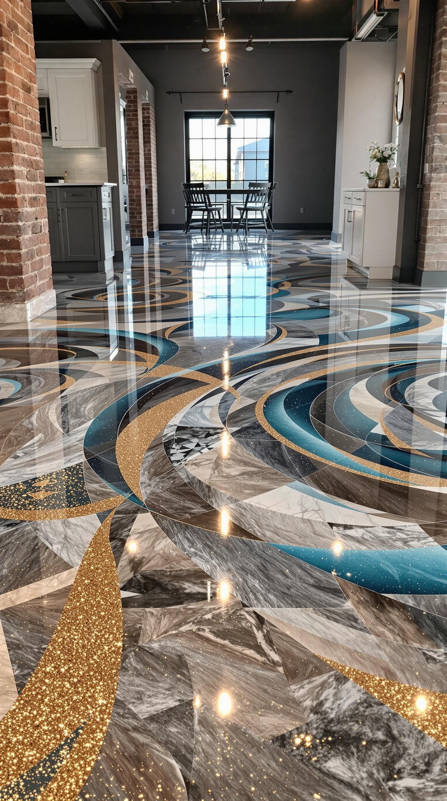A beautifully designed industrial-style epoxy floor featuring metallic and glitter elements.