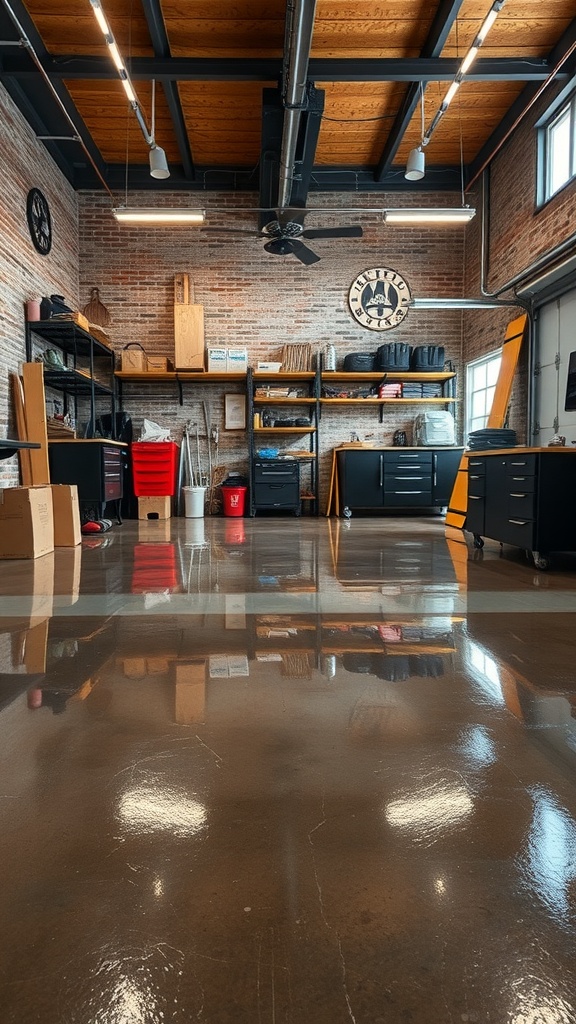 A modern industrial garage featuring polished epoxy flooring, exposed brick walls, and wooden beams.