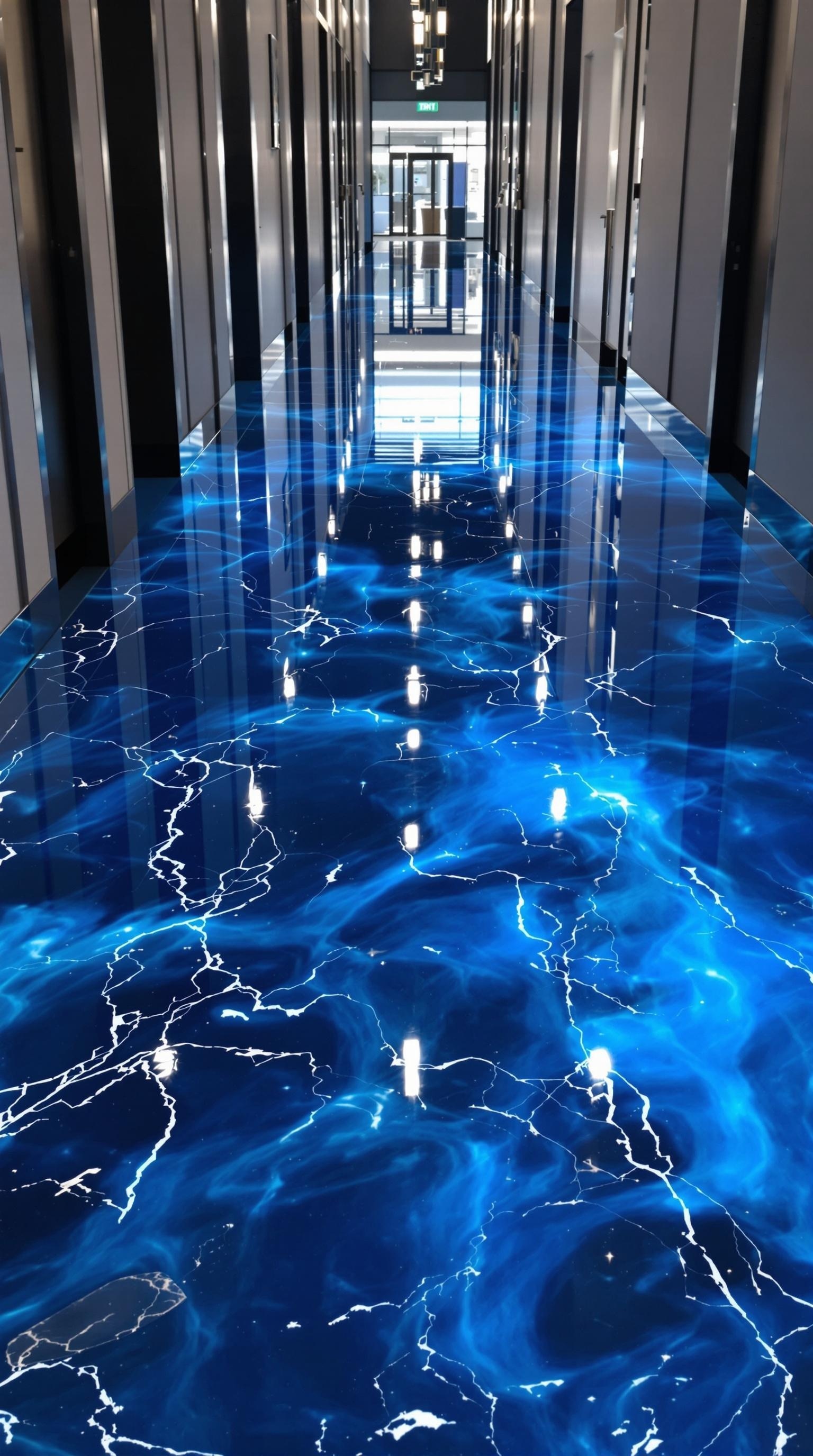 A hallway with a glossy blue epoxy floor featuring a deep ocean vibe.
