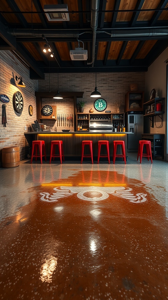 Stylish indoor garage bar with polished epoxy floor and red stools