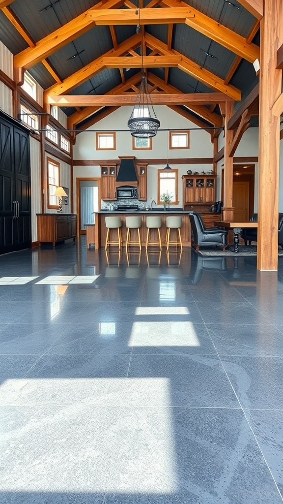 Interior of a modern barndominium featuring high wooden beams and a polished epoxy floor.