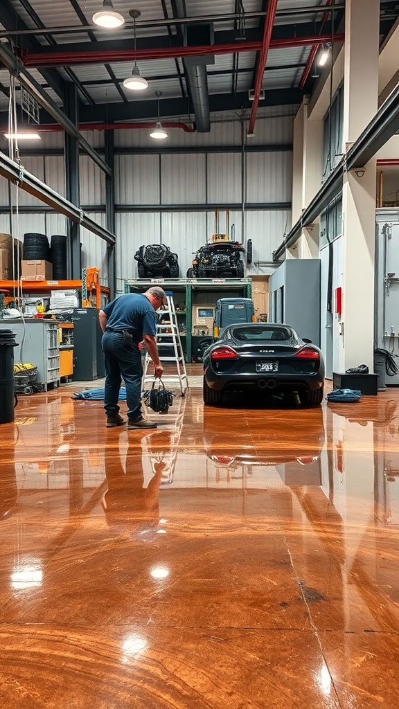 An industrial space with a shiny brown metallic epoxy floor and a person working in the background.