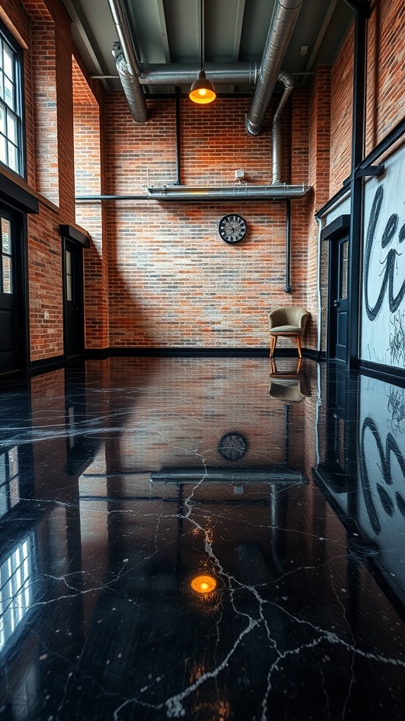 An industrial-style room featuring polished black epoxy flooring, exposed brick walls, and metal accents.