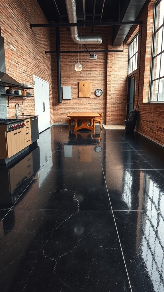 A modern industrial kitchen with a shiny black epoxy floor and brick walls.