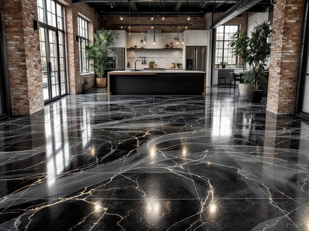 A modern industrial-style loft with sleek black epoxy flooring featuring gold veining.