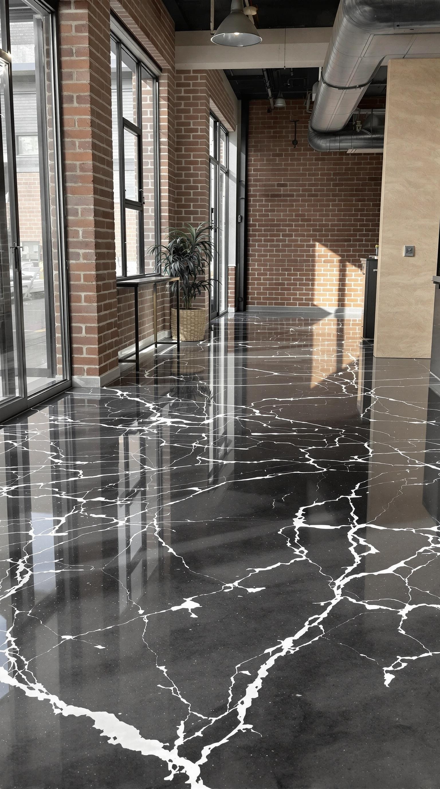 Polished epoxy floor with a marble-like finish in an industrial setting