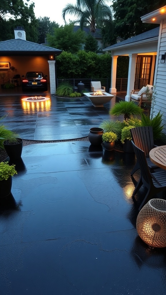A modern outdoor space featuring a black epoxy patio with stylish furniture and greenery.