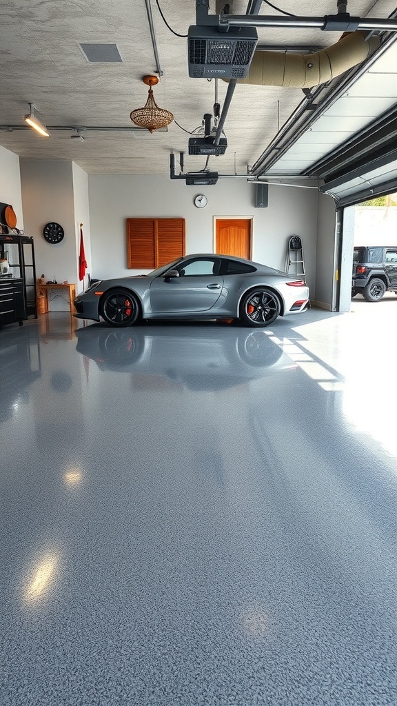 A modern garage with a sleek gray epoxy floor and a luxury car parked inside.