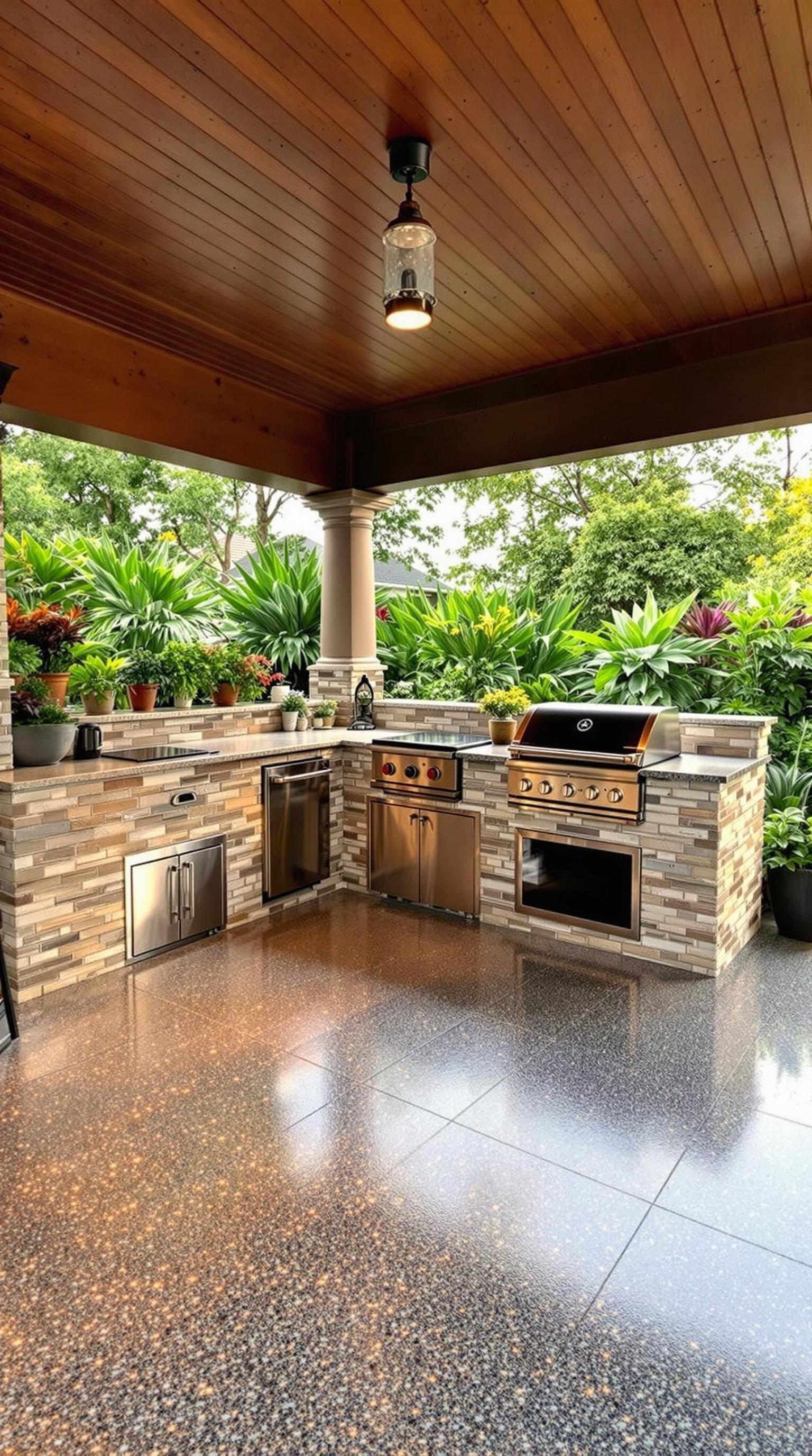 A modern outdoor kitchen with a shiny epoxy floor, featuring stainless steel appliances and surrounded by lush greenery.