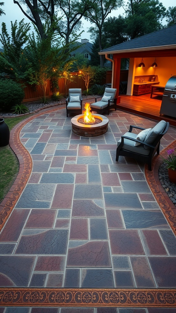 A cozy outdoor patio featuring a fire pit surrounded by dark gray stamped concrete with brown accents.