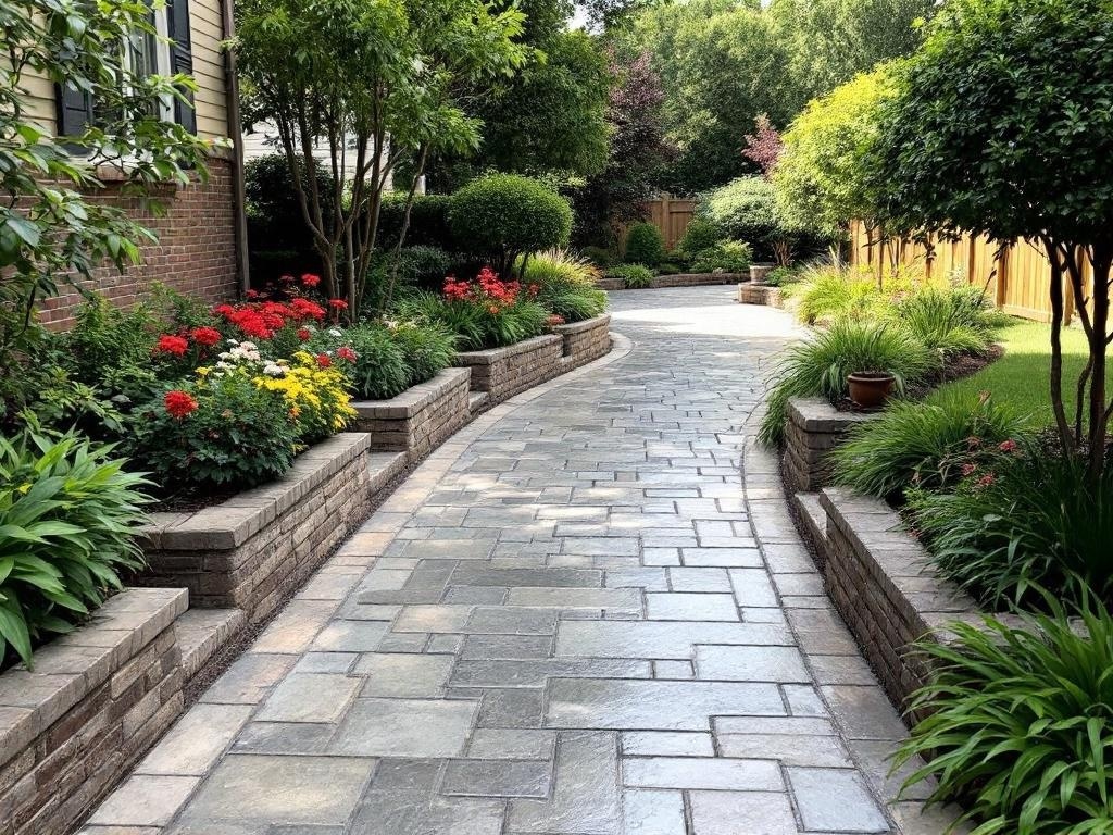 A beautifully curved stamped concrete pathway lined with colorful flowers and greenery, showcasing planters that enhance the outdoor space.
