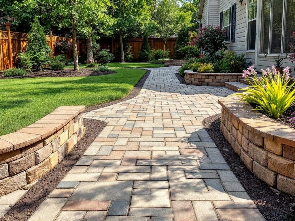 A beautifully designed stamped concrete pathway leading through a landscaped garden with seating areas.