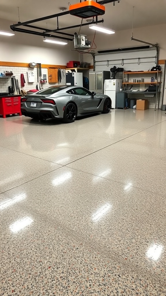 A modern garage with a sleek epoxy floor and organized storage solutions.
