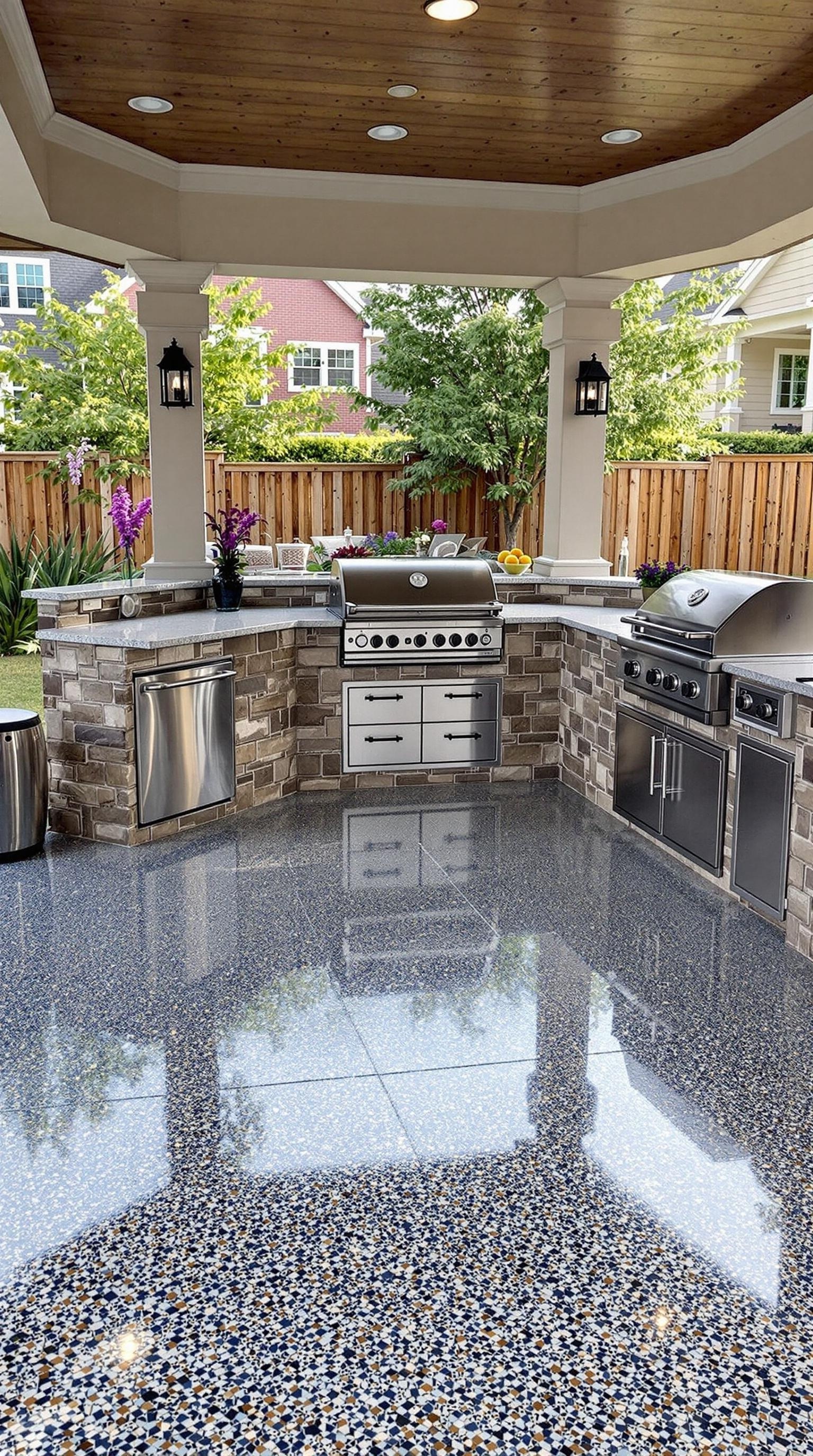An outdoor kitchen featuring stylish epoxy floors, modern appliances, and a cozy atmosphere.
