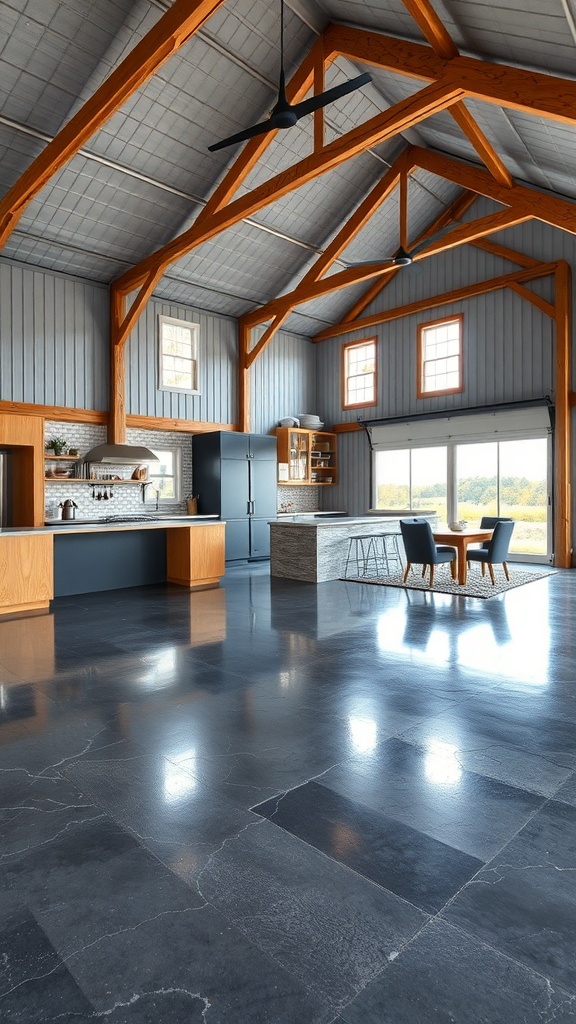 Interior of a modern barndominium featuring epoxy flooring and underfloor heating integration.